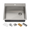 Workstation 25″ Drop-In/Undermount 16 Gauge Stainless Steel Single Bowl Kitchen Sink